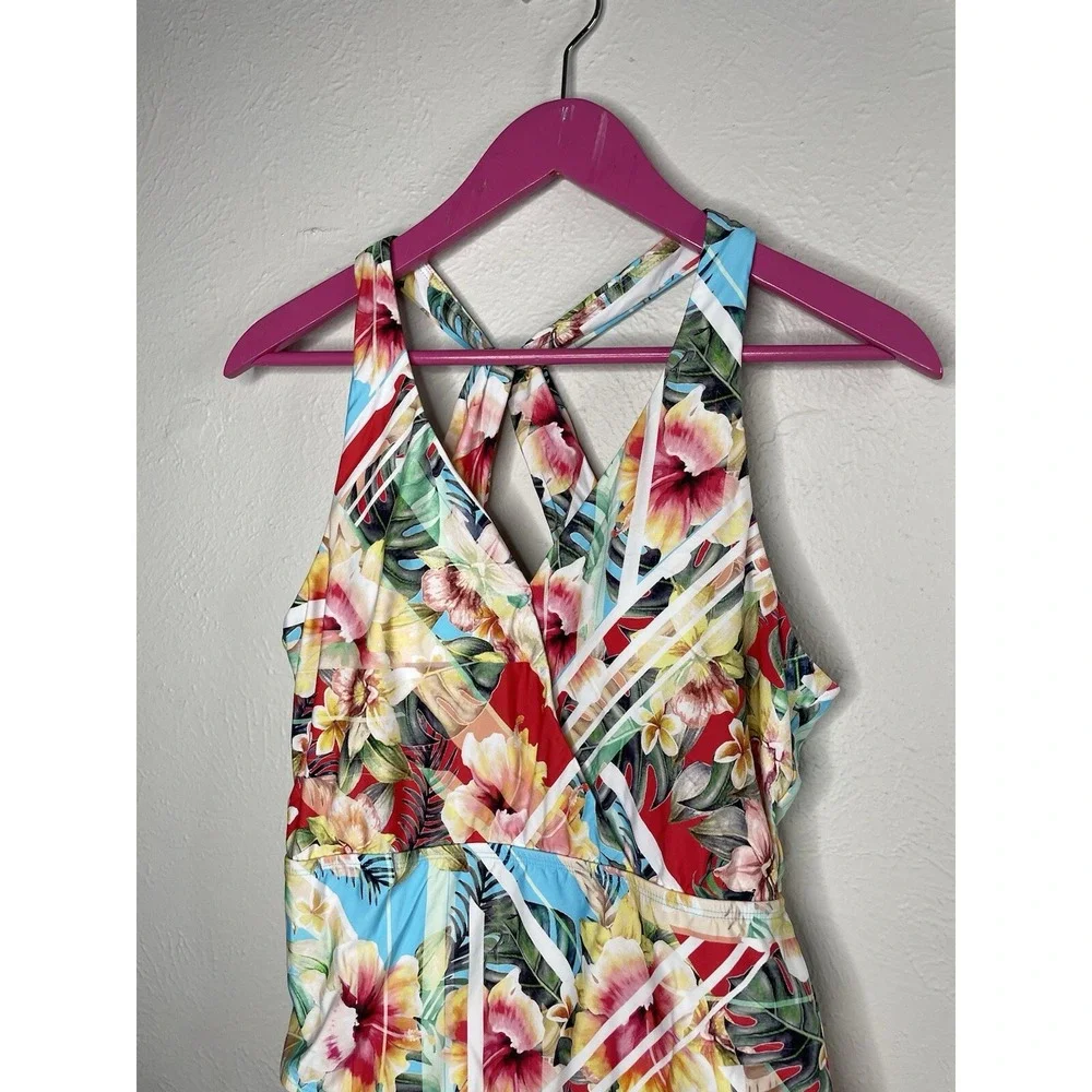 Jantzen One Piece Swimsuit Womens Size 8 Tropical Deep V Plunge Summer Cruise M